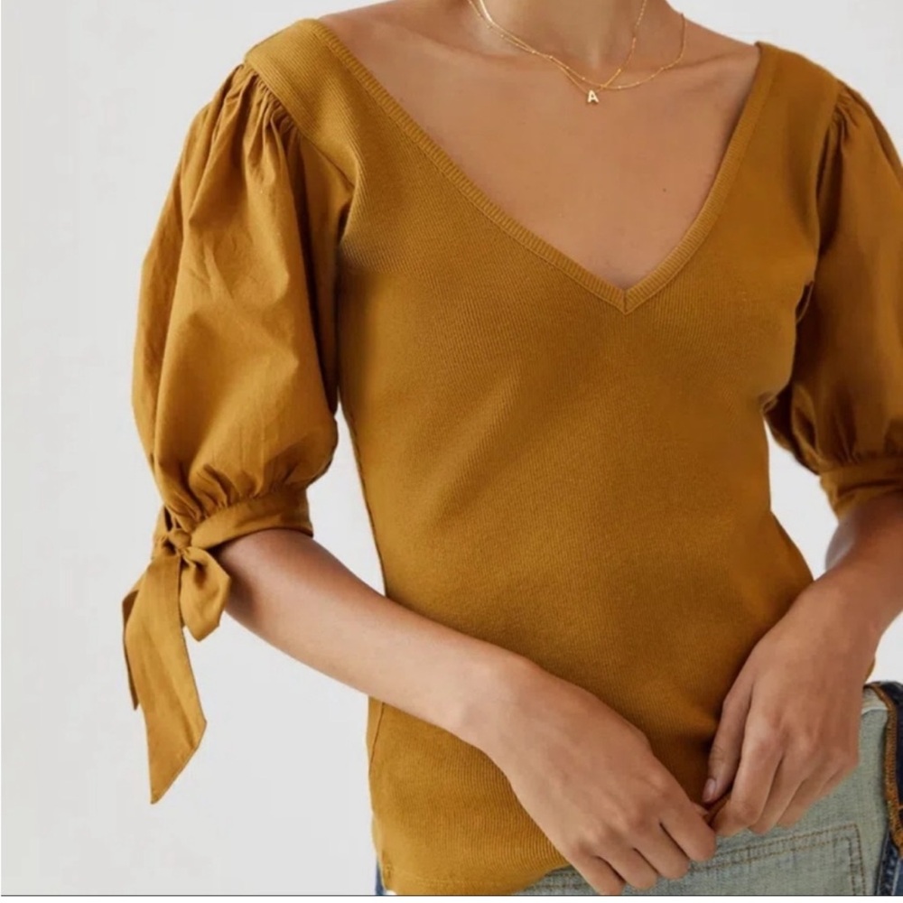 Anthropologie Maeve Puff Sleeve Bow Tie Blouse in Dark Mustard Gold